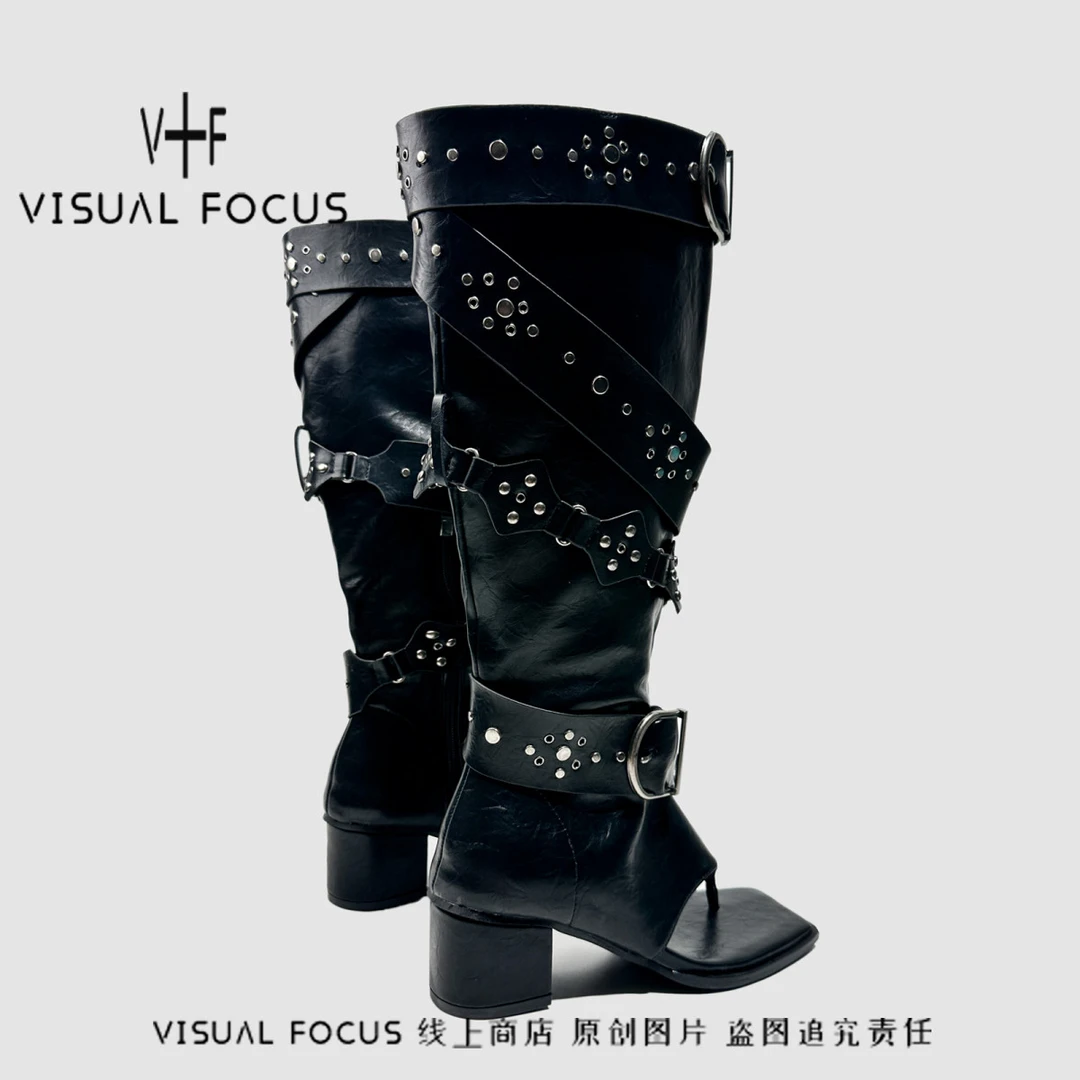 Visual focus 辣妹朋克风凉靴女夏2025年新品皮带扣铆钉夹趾靴子