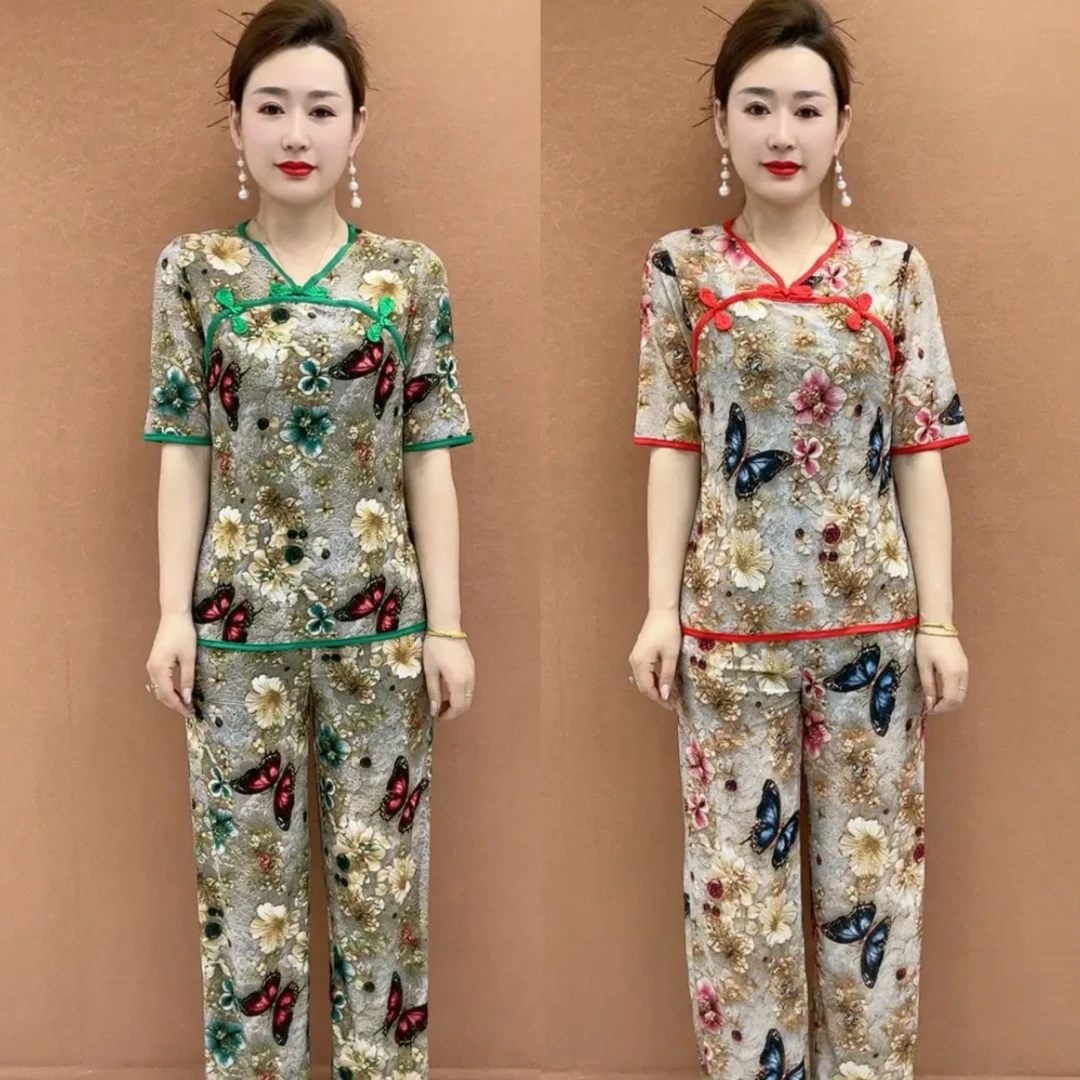 常规款中老年休闲阔腿裤中老年女装75%时尚V领碎花