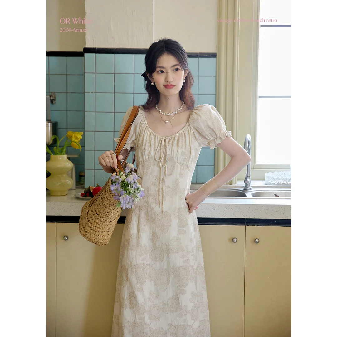 【ORWhite】夏季收腰立体干枯玫瑰提花工艺法式复古茶歇v领连衣裙女