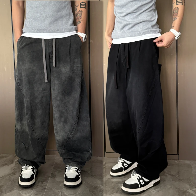 灰色渐变牛仔裤男夏季美式潮牌痞帅宽松直筒阔腿扎染脏脏弯刀裤子