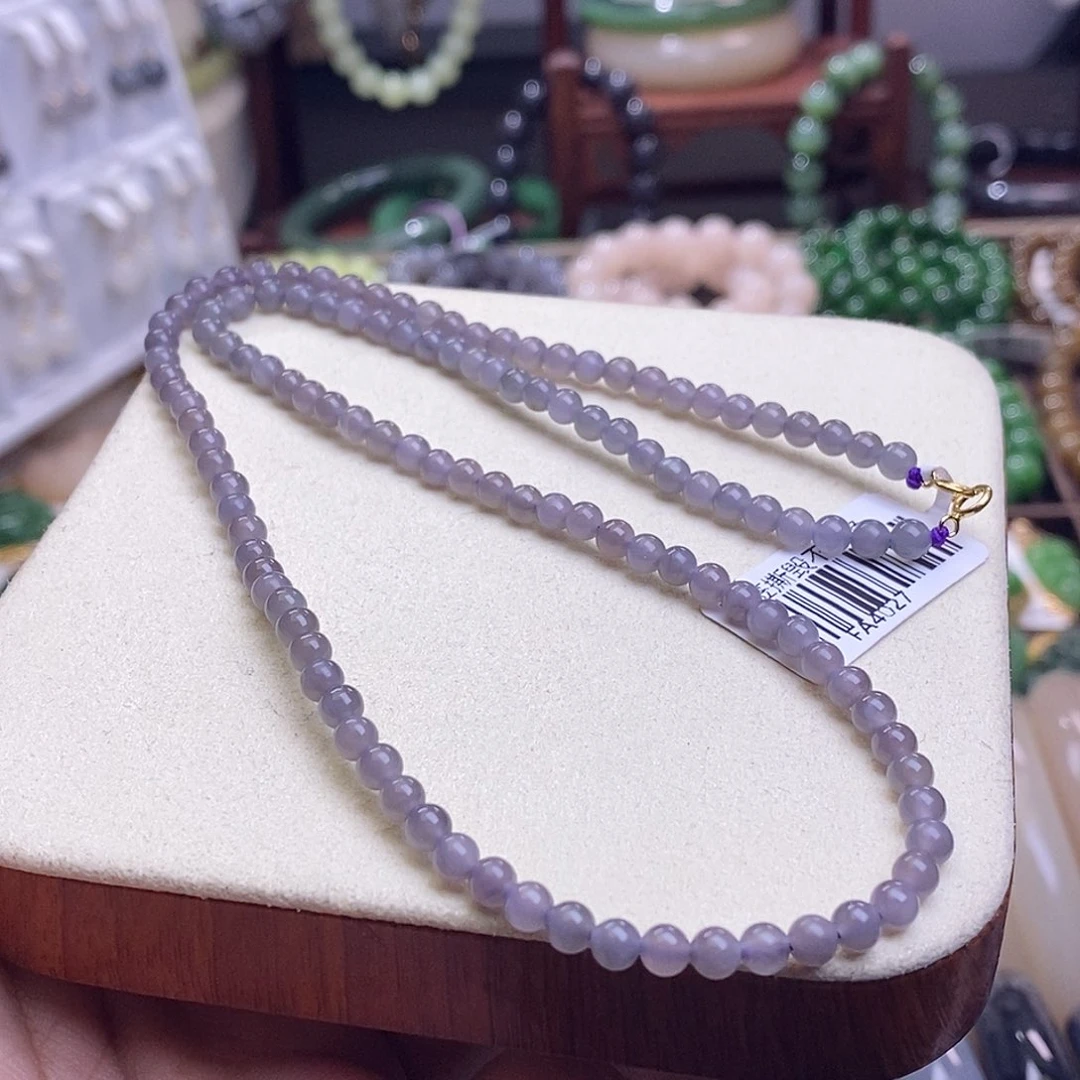 和田玉收藏级烟紫高冰老矿料高冰金镶小米珠4m未镶嵌彤*?