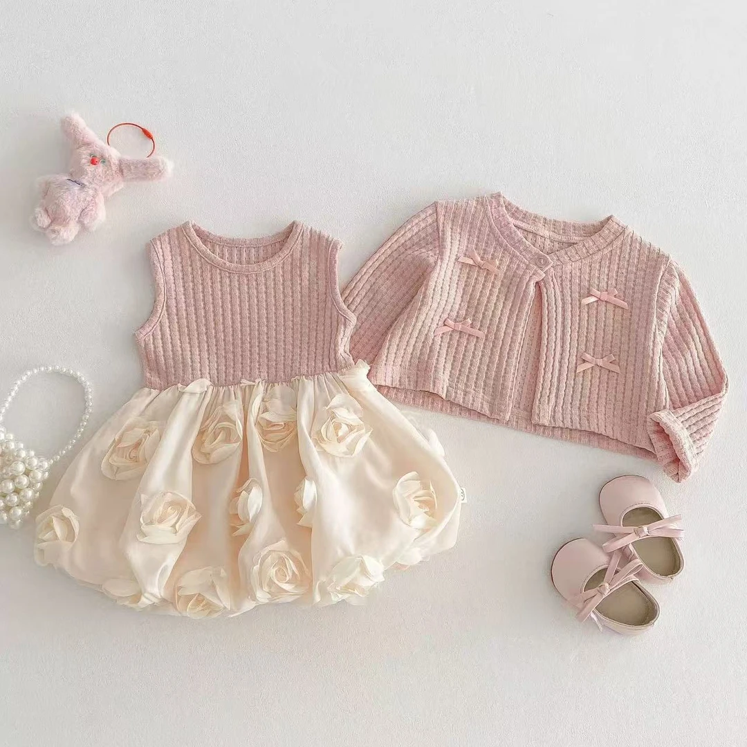 夏款套装女韩版外套宝宝纯色开衫洋气春装连衣裙周岁礼服公主裙