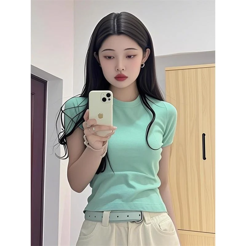 薄荷绿正肩短袖t恤女夏季新款修身显瘦小众设计感纯色百搭ins上衣