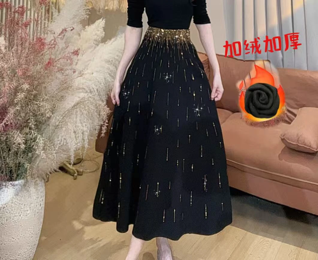 【美美专享】550381秋冬新款高腰钻钻大摆修身流星半身裙女