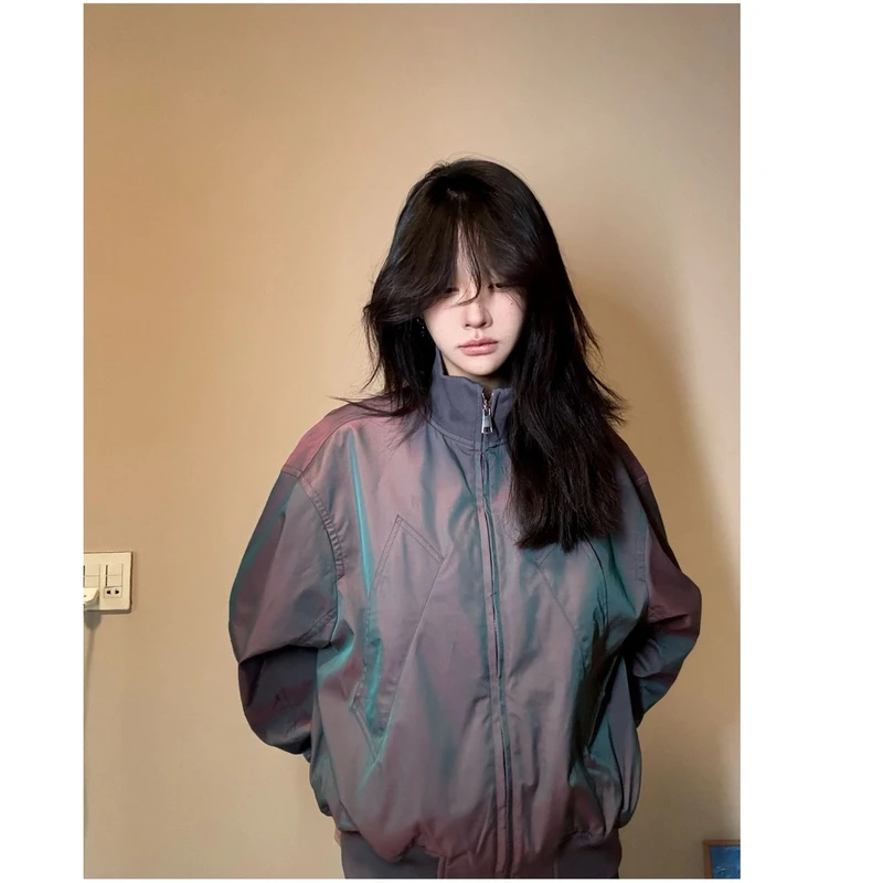 吉吉同款 炫彩缎面飞行夹克