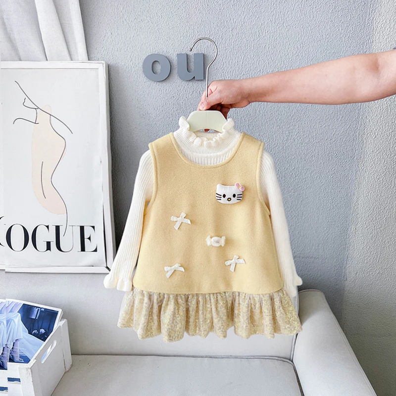 女童黄色背心裙女宝宝冬季加绒连衣裙套装