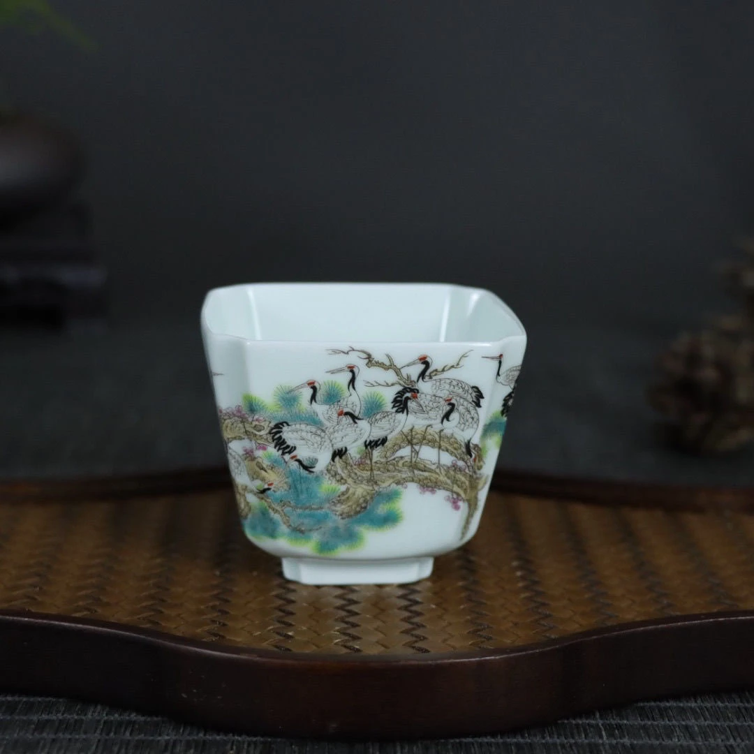 拟古山坊景德镇粉彩异型四方杯功夫茶单杯品茗单杯复刻瓷器