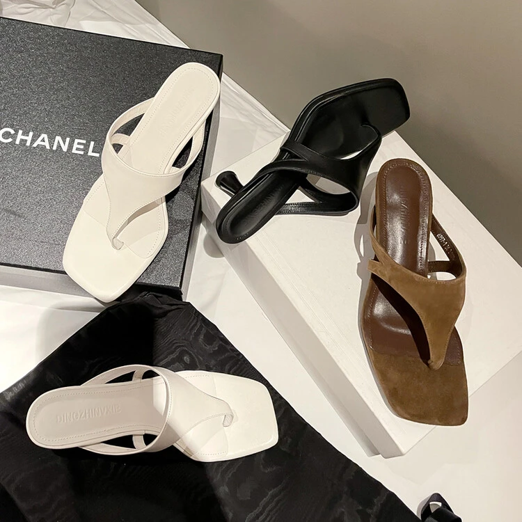 【林可乐】百搭极简真皮露趾人字拖女显高显瘦方头黑白棕色细跟5CM