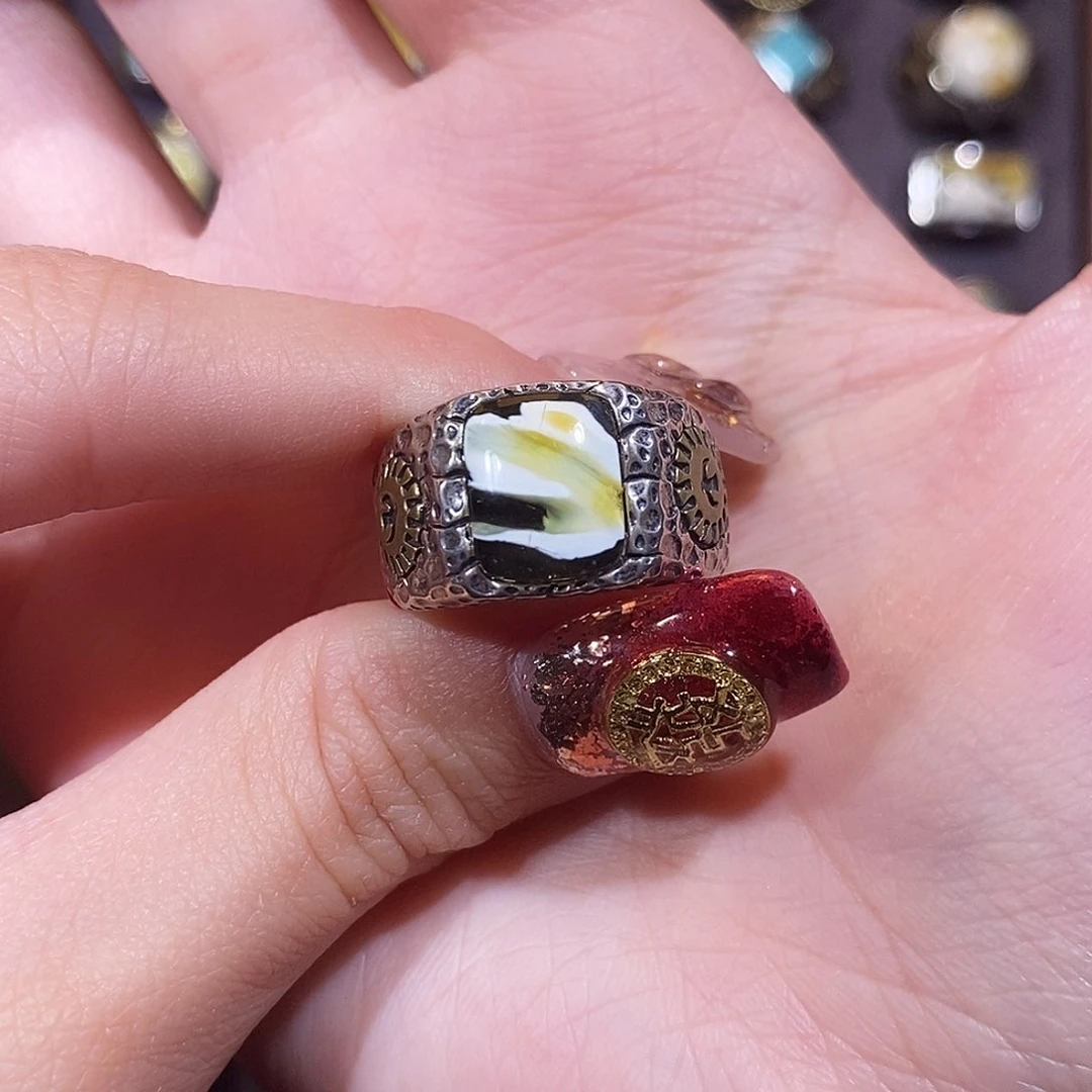 琥珀戒指银S925镶嵌木****）戒指