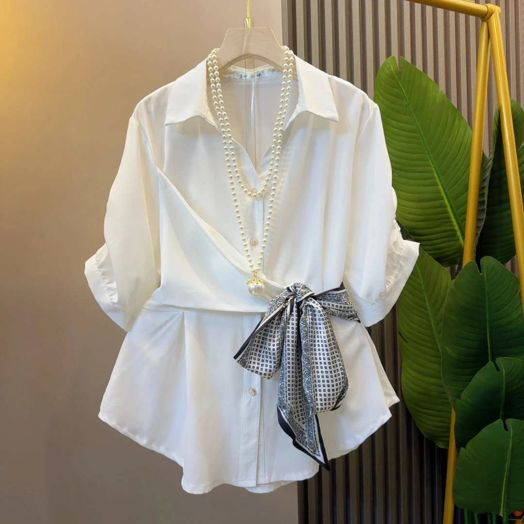 时尚欧货气质遮肉显瘦腰部系带衬衫衣长64左右休闲洋气韩版