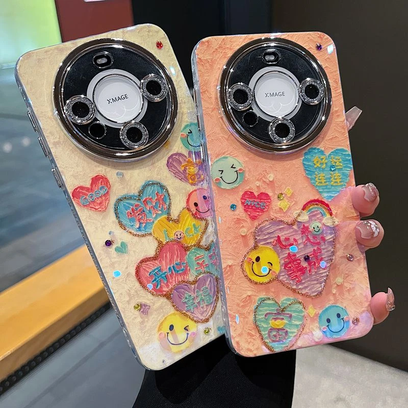 适用华为mate70系列苹果新款手机壳创意油画文字全包闪粉镜头膜