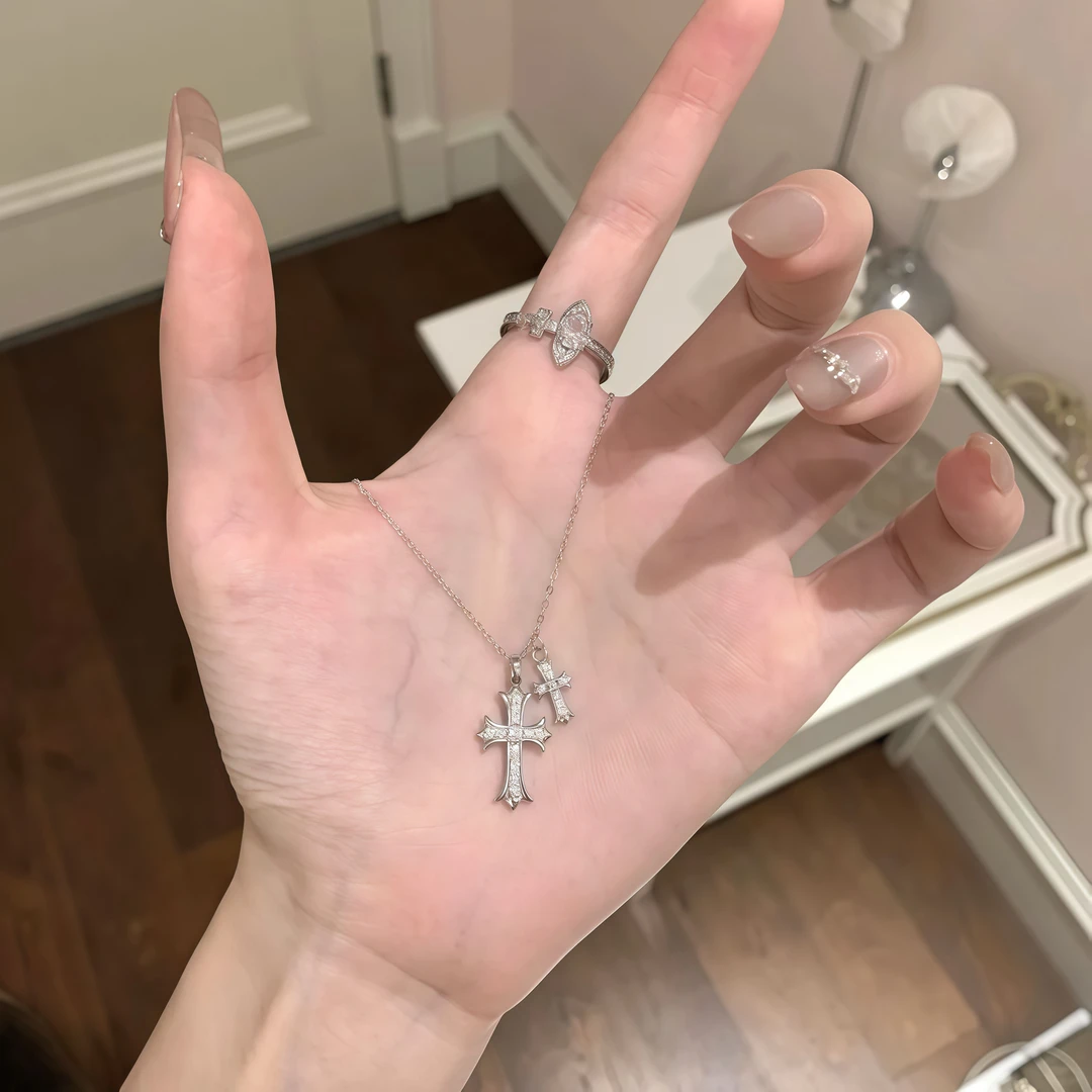 合金项链 双十字架ins闪钻项链轻奢冷淡风小众钛钢锁骨链气质颈链