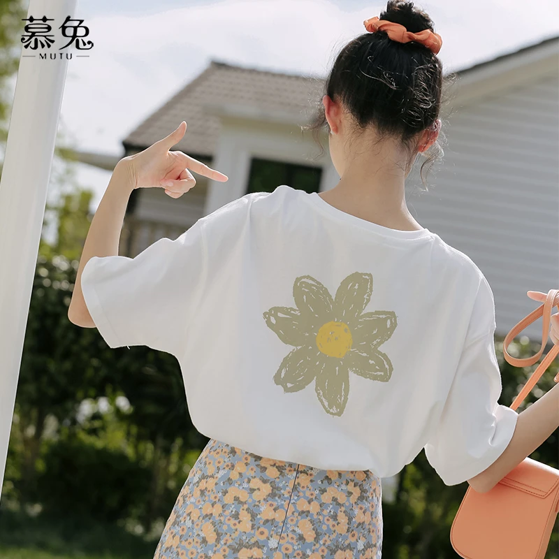 雏菊印花白色短袖T恤女薄款夏2025新款设计感宽松显瘦上衣薄