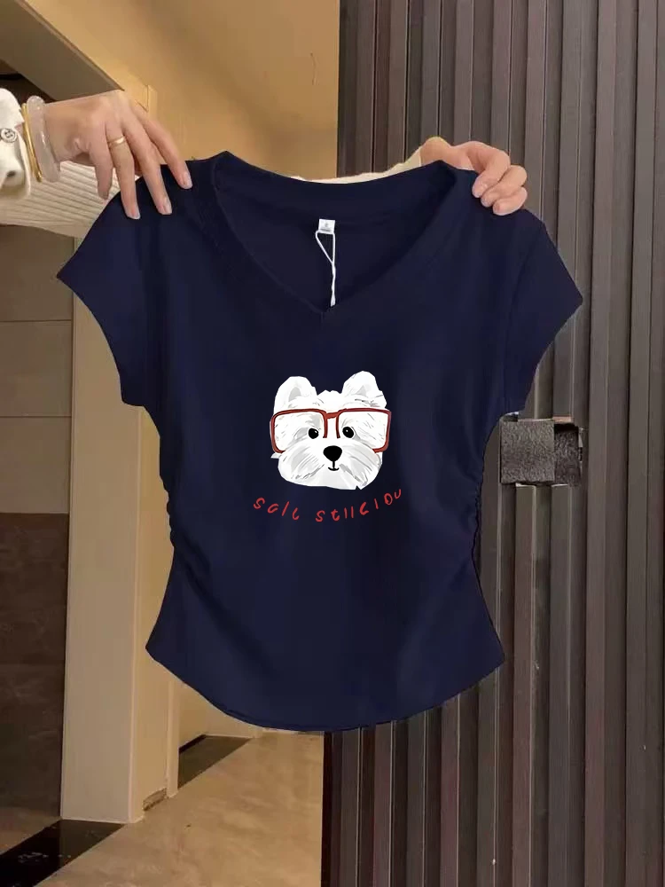 chic韩系穿搭v领短袖t恤女正肩夏季修身掐腰小上衣设计感小众美式