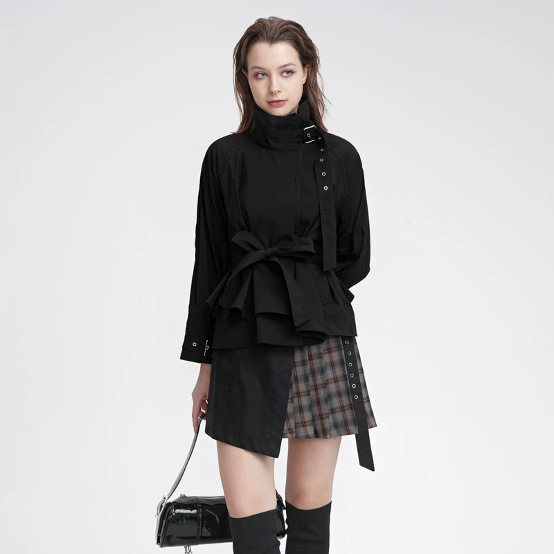 圣迪奥跑步健身女装运动休闲时尚立领拼接不规则外套S22182218