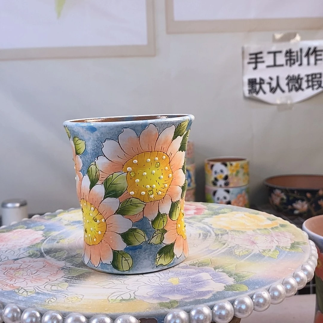 紫砂花盆羽*酱红陶手绘花盆