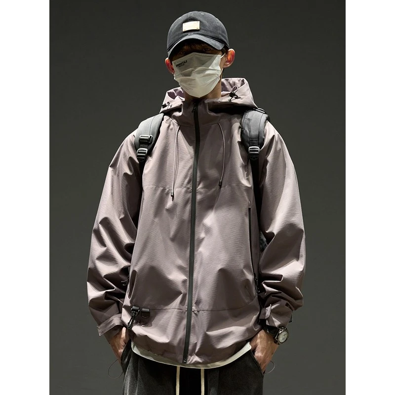 DeweLvum新款宽松百搭翻领休闲连帽夹克男款户外防风外套上衣男装