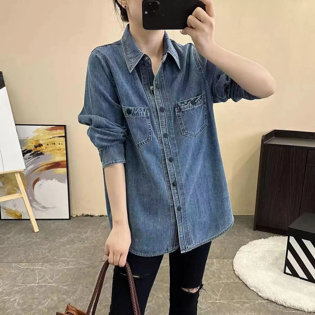 春秋长袖宽松叠穿洋气牛仔衬衫5055