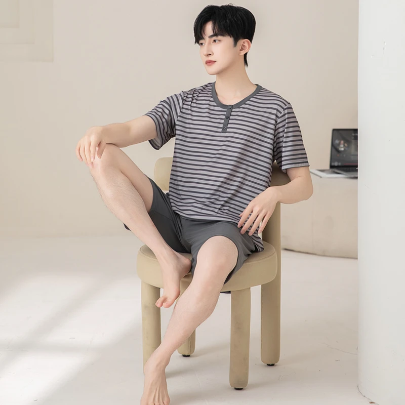 条纹男士睡衣夏季短袖短裤冰丝简约薄款青年可外穿韩版家居服套装