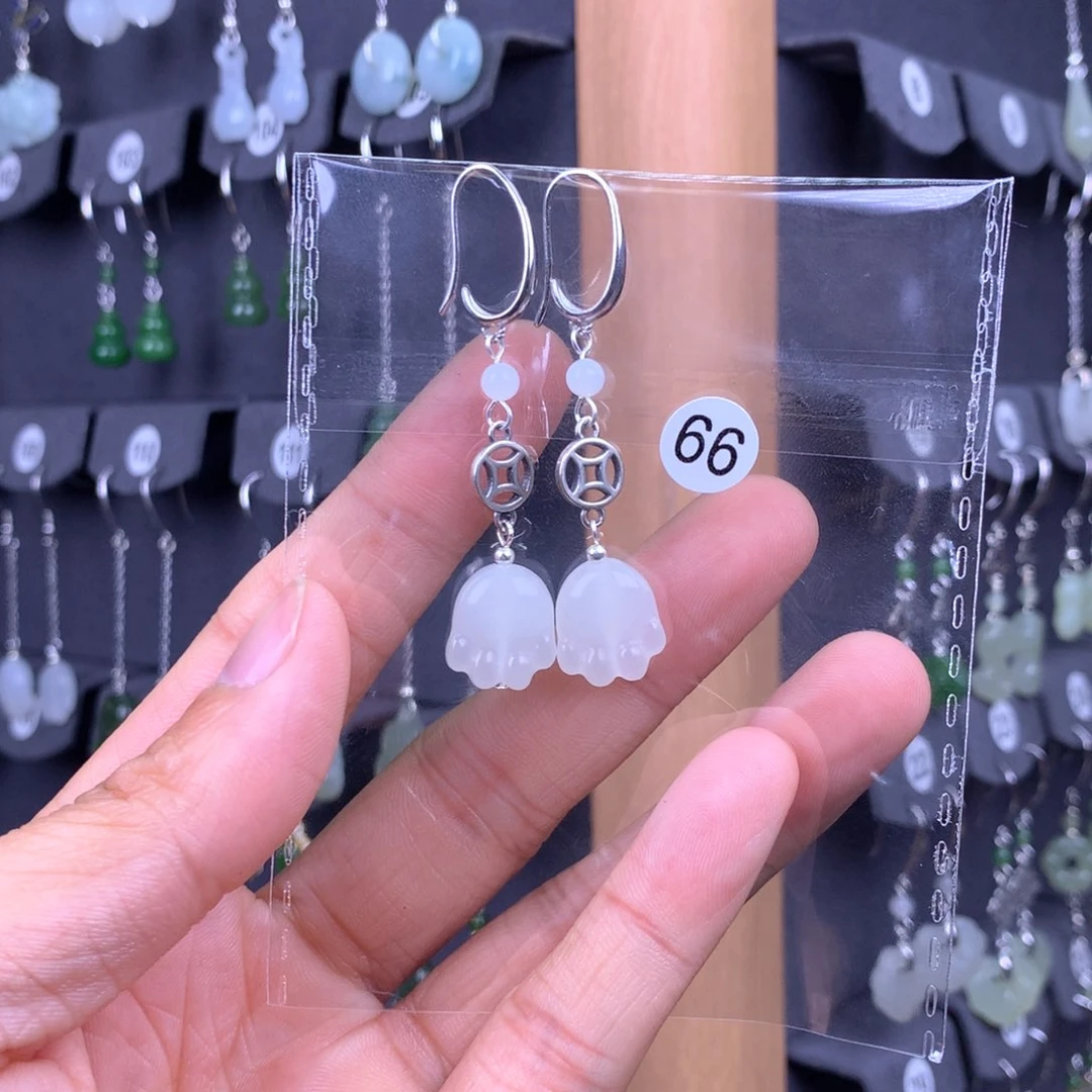 和田玉耳饰银S925镶嵌一****果