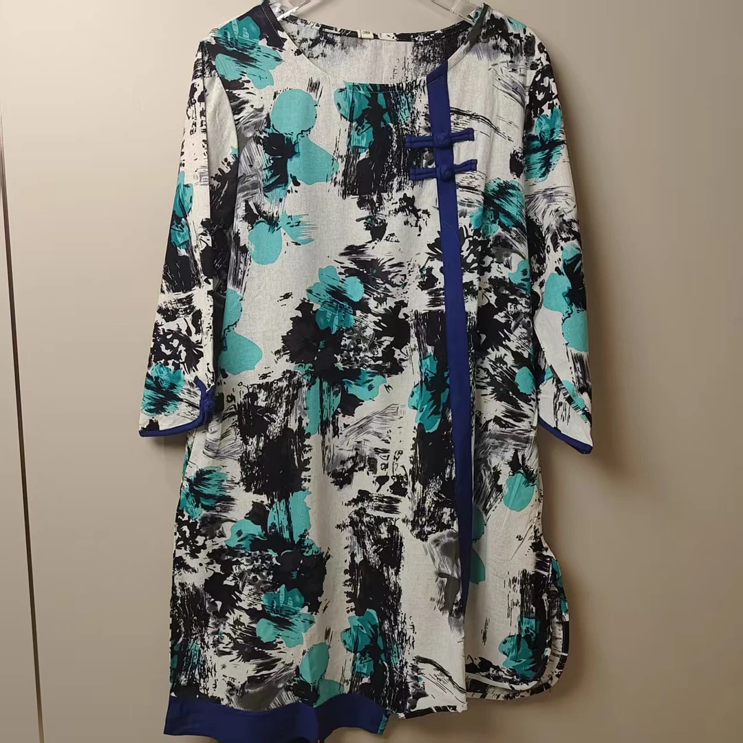 Q718 水墨碎花百搭复古休闲中长连衣裙