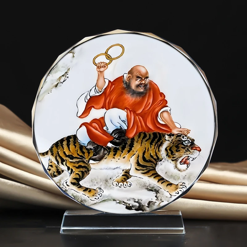 伏虎罗汉尊者佛画像水晶摆台文创工艺品家居风水桌面摆件创意定制