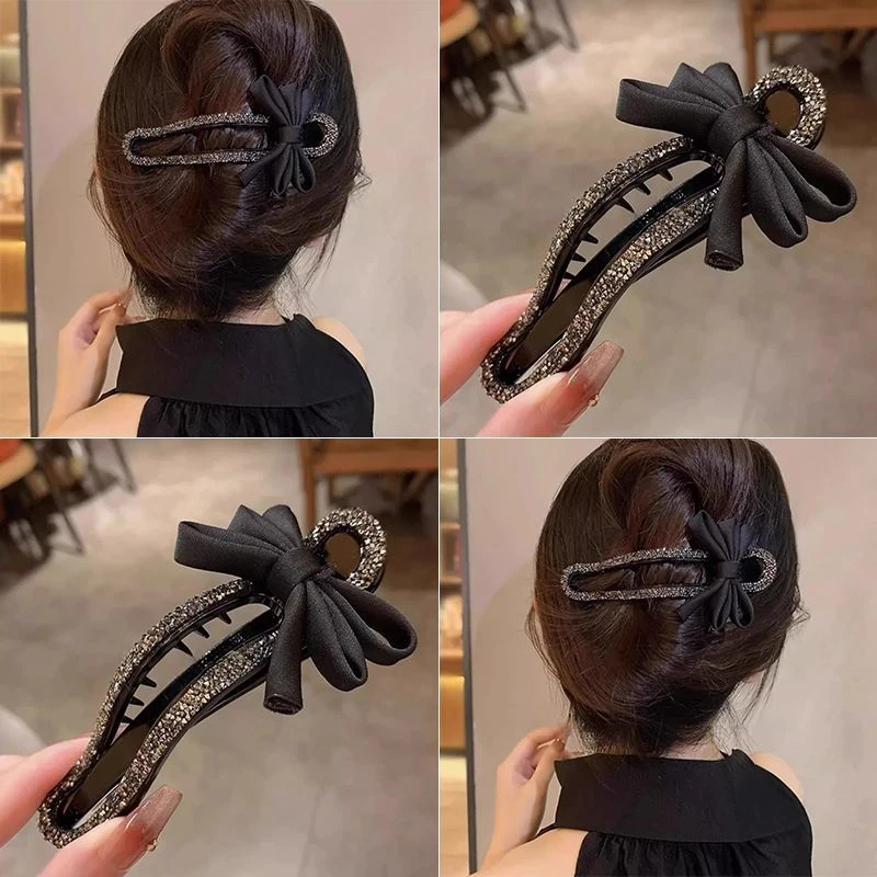 韩系蝴蝶结镶钻抓夹女气质后脑勺盘发夹新款时尚鸭嘴夹简约发饰