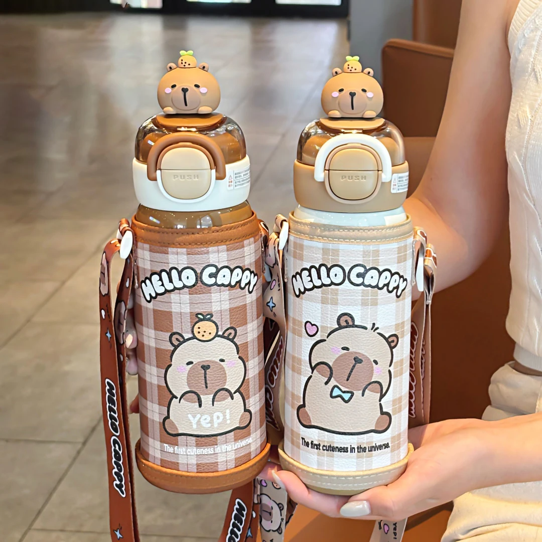 卡皮巴拉双饮保温杯2025新款学生上学专用可爱316吸管杯带杯套