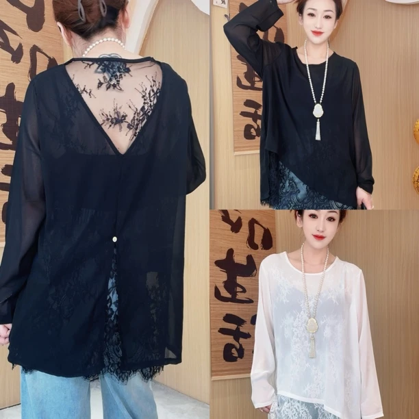 新中式双层蕾丝拼接假两件防晒罩衫外穿夏设计感显瘦纱薄上衣
