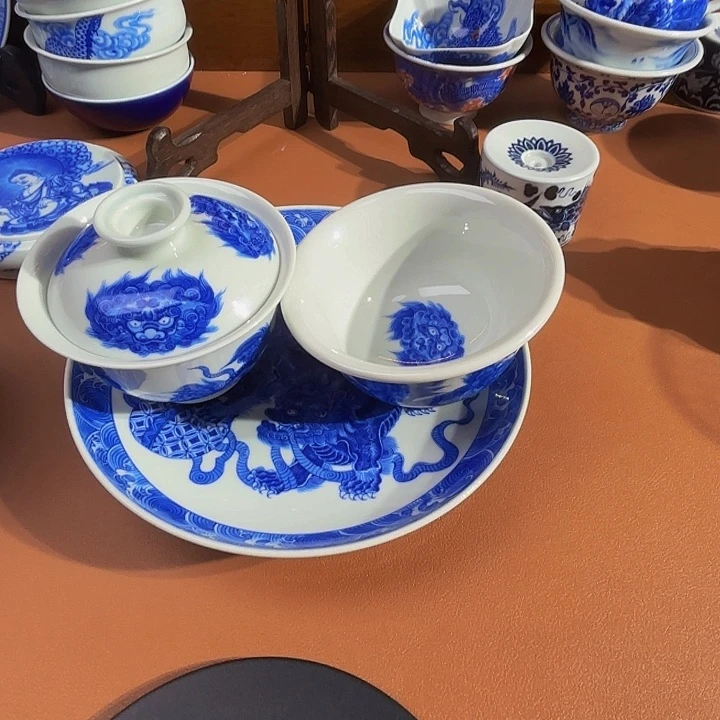 皆***喜青花手工手绘狮子3件套
