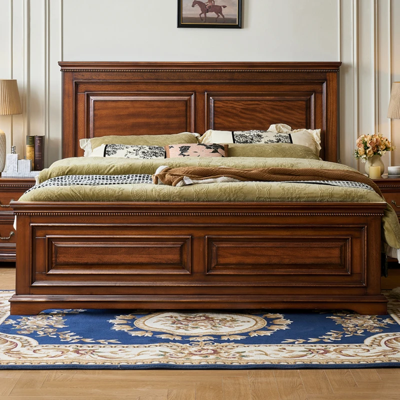 菀昱家具 美式复古实木平头1米8复古轻奢家具主卧乡村主卧大床