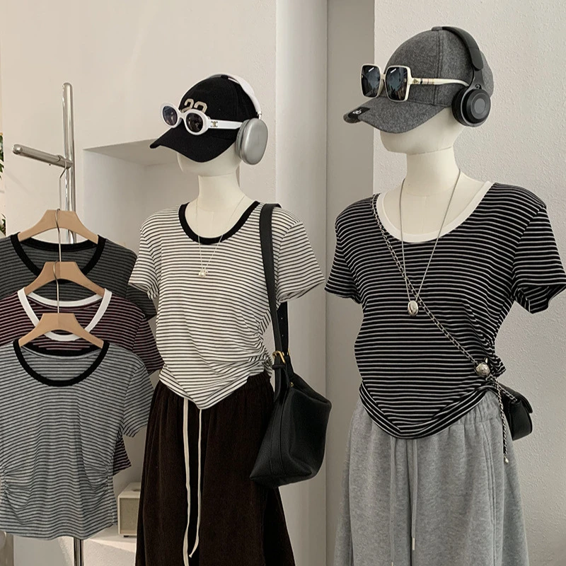 欧玛莱纯欲风修身显瘦U领撞色细条纹短袖褶皱T恤上衣女5977