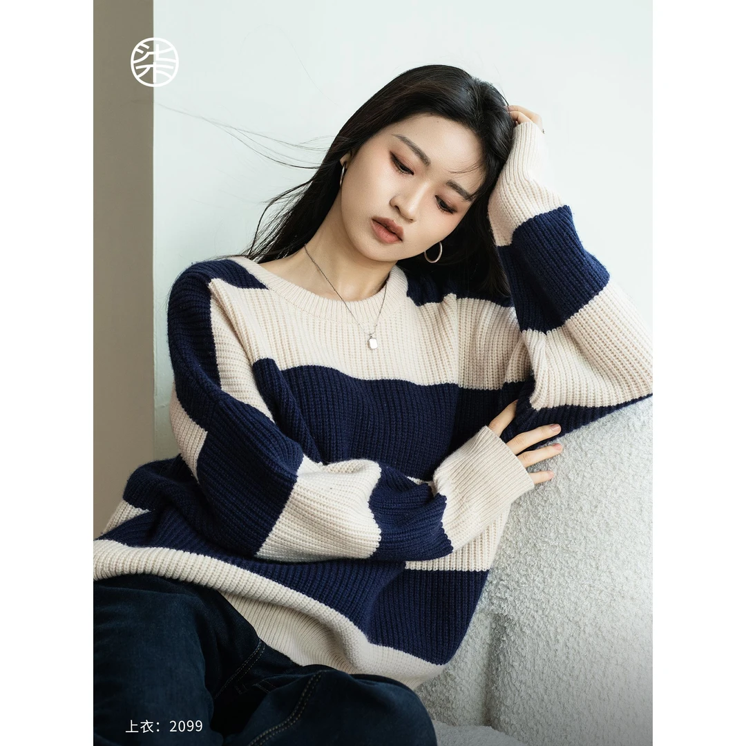 【黑标】【蓝羊羊】2099柒量一裁小个子美丽诺羊毛撞色条纹松弛感上衣