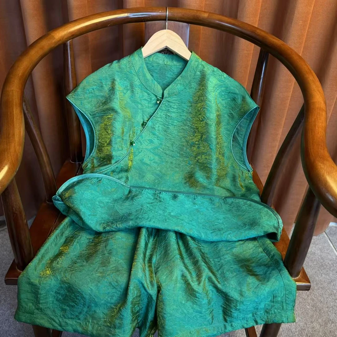 【落微】琉璃翡翠浮光锦套装新中式国风洋气时尚薄款短袖上衣两件套