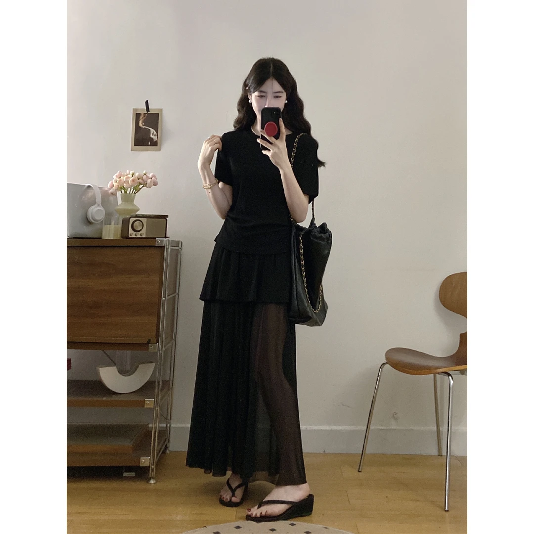 实拍~大码女装夏季胖mm显瘦短袖上衣假两件网纱拼接半裙时尚套装