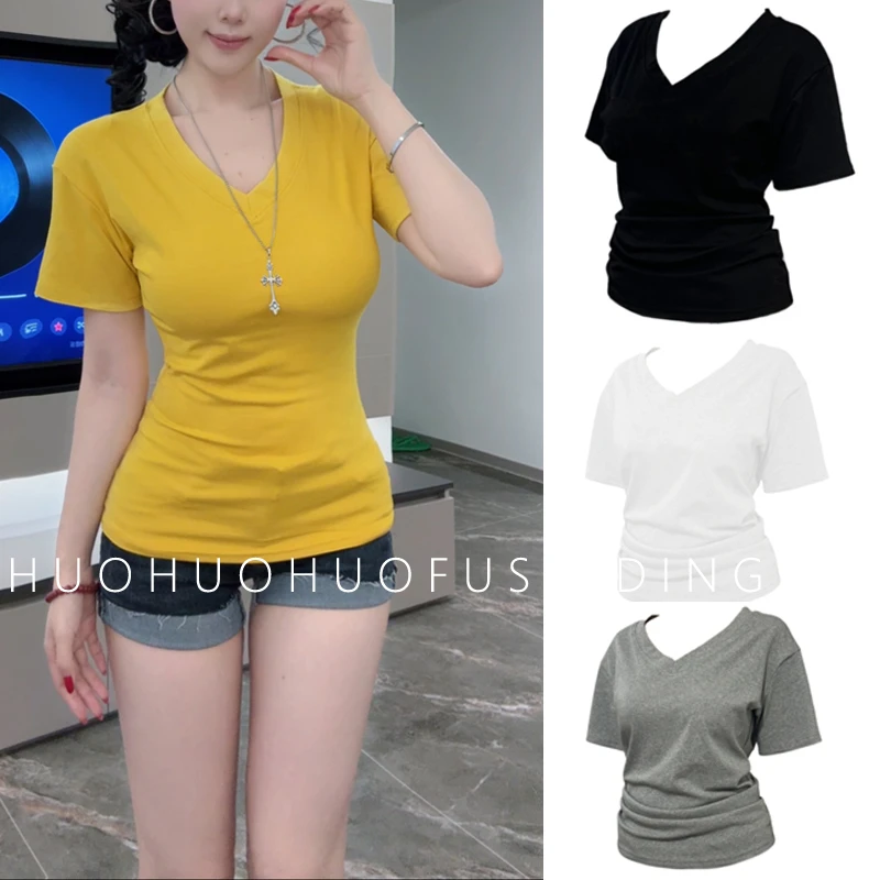 夏季多色正肩v领短袖T恤女时尚百搭设计感显瘦掐腰韩版上衣6805