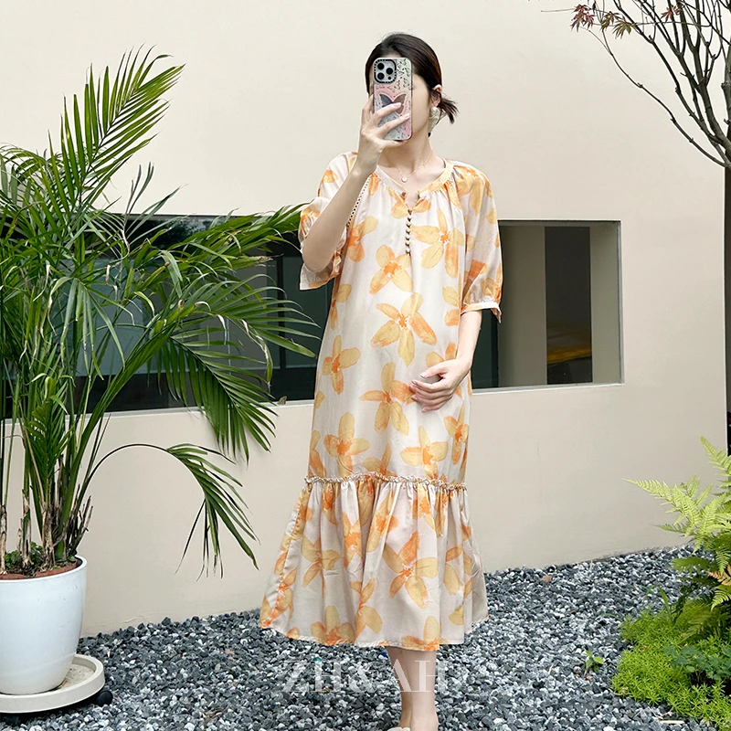 ZH&AH【风吹半夏】夏季新款时尚气质百搭设计师款孕期乔其纱连衣裙