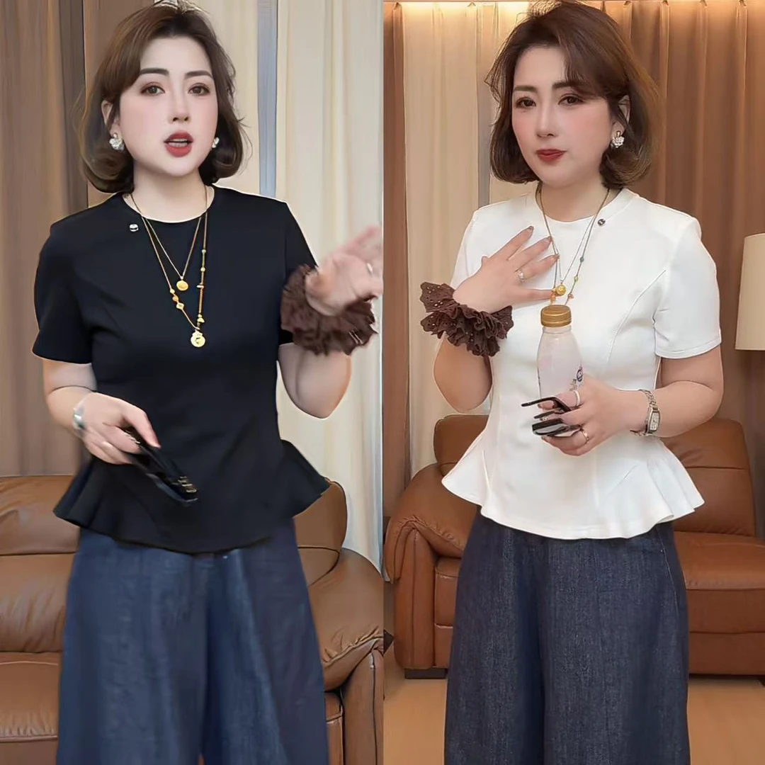 2025春季新款圆领设计感显瘦短袖T恤女荷叶边小众修身百搭上衣夏