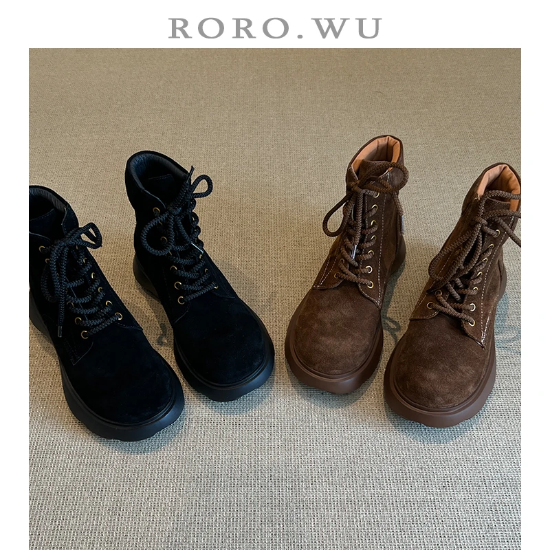 娆娆吴·牛翻皮复古圆头厚底瘦瘦靴系带老钱风真皮百搭马丁靴X454