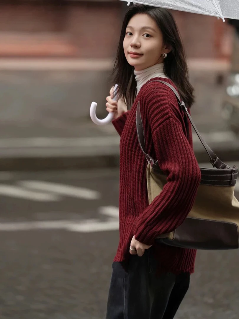 欧货重磅秋冬新款女装2024高级感红色休闲针织衫毛衣上衣潮