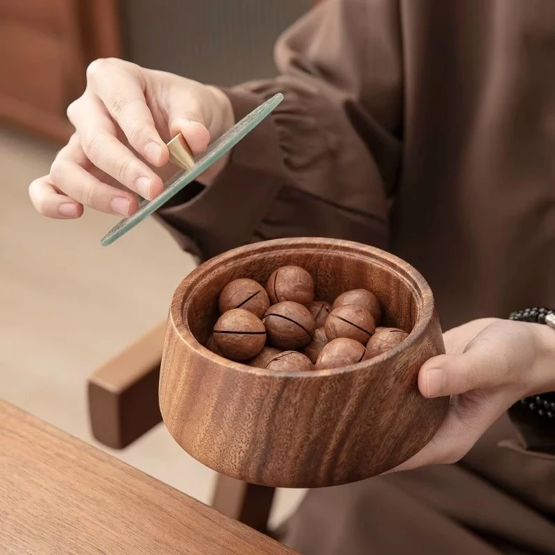 【空境茶舍】南美胡桃木实木带盖圆钵适合装水果糕点13.5*6网红