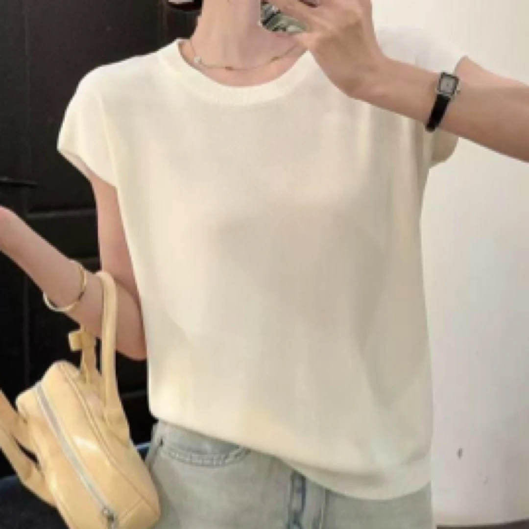 2025春秋新短袖薄款系简约百搭圆领针织衫女后镂空显瘦上衣9589