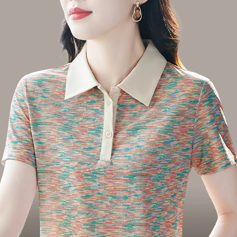 网布印花翻领短袖T恤女夏季2025新款宽松减龄半袖休闲上衣POLO衫