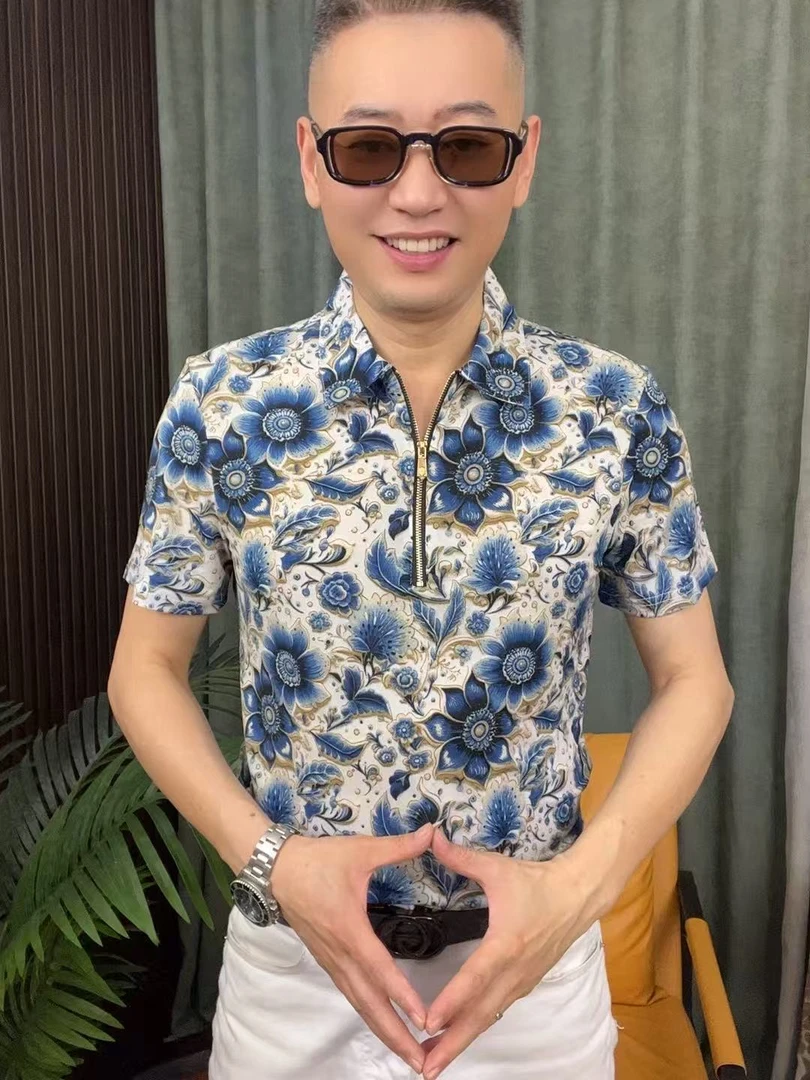 T恤印花精神小伙百搭短袖帅气修身立领夏季男士潮流短袖t恤