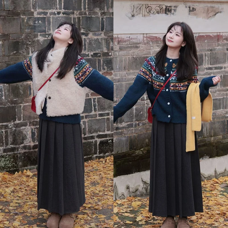 秋冬穿搭一整套2025年新款百搭针织上衣马甲外套高腰半身裙三件套