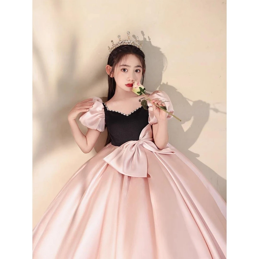 粉色儿童礼服高端缎面生日公主裙主持轻奢小众花童女钢琴演奏演出