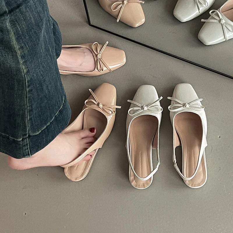 时尚法式气质蝴蝶结包头后空单鞋女2025夏季新款坡跟小方头通勤鞋