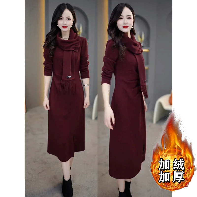 【ZY】【加绒加厚】高级感气新款褶皱连衣裙显瘦过膝长裙女2506