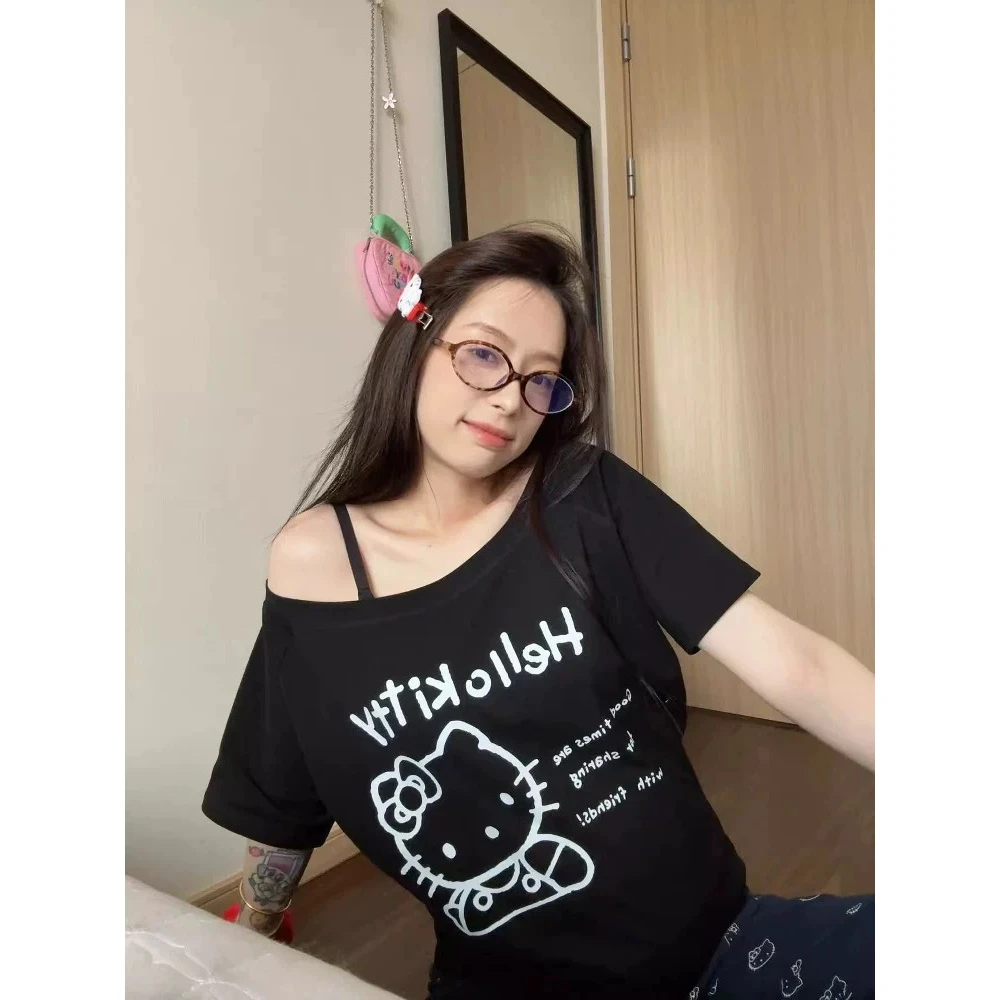 美式辣妹kitty猫印花一字露肩短袖#2403