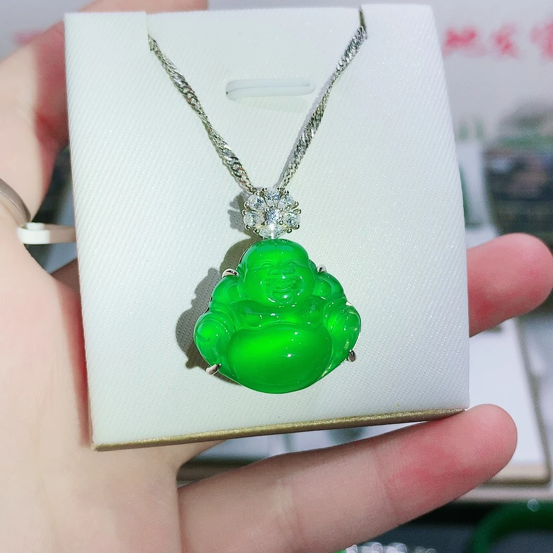 玛瑙/玉髓纯天然珠宝玉石佛公吊坠项链银S925镶嵌